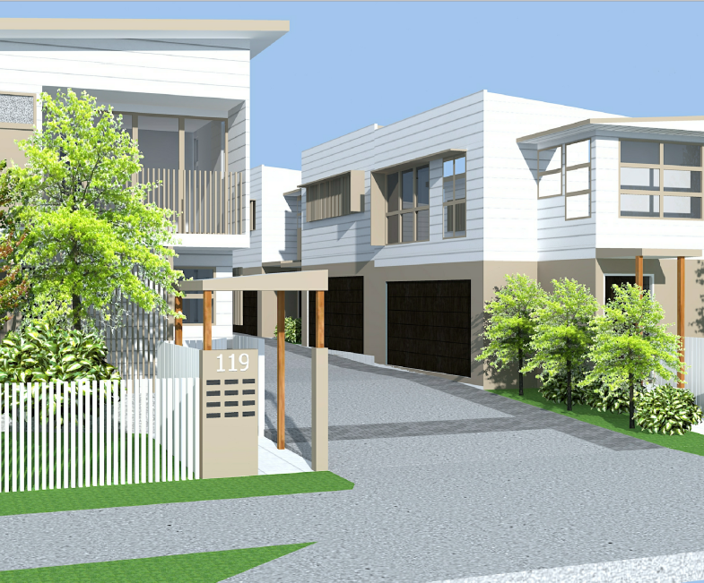 Digital illustration of modern, white multi-level houses with black garage doors, green trees, and a driveway, under a clear blue sky.