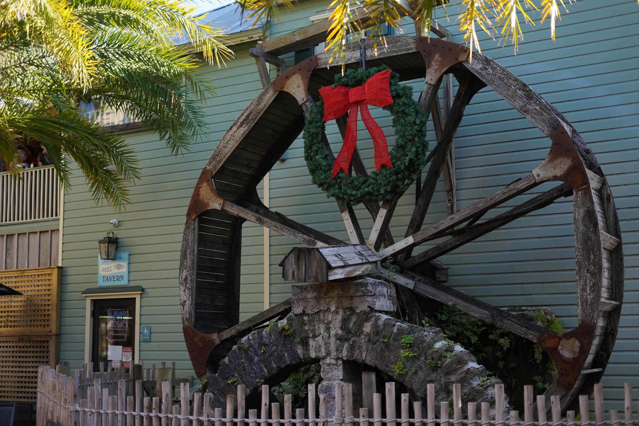 A reef sits atop the water mill at Mill Top Tavern. (Miller, St. Augustine. November 13, 2025)