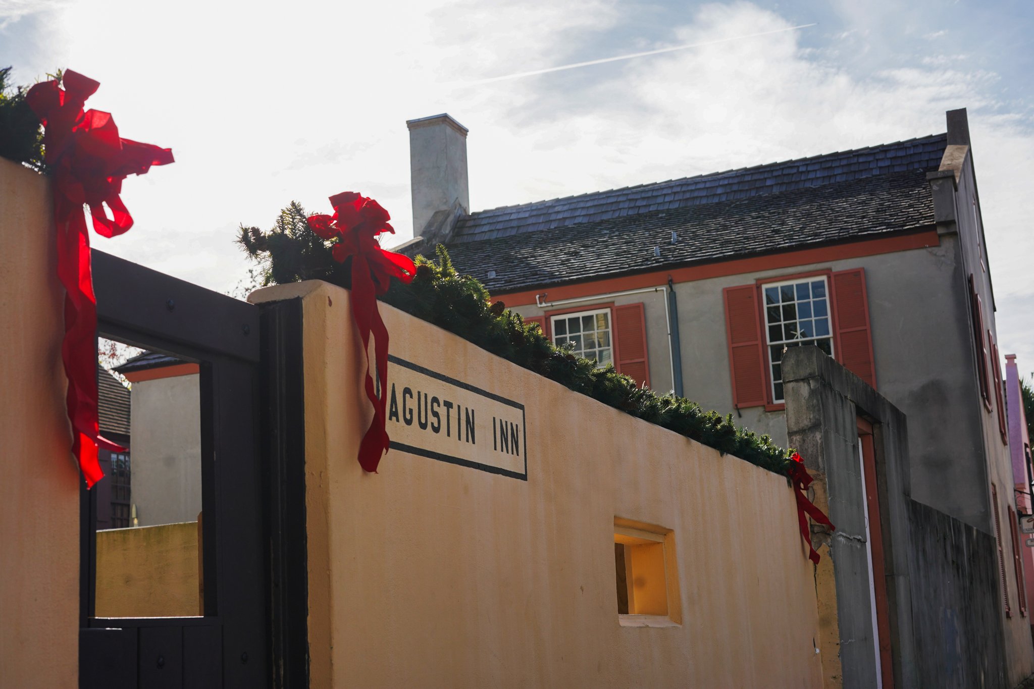 Ribbons draped down the Agustin Inn. (Miller, St. Augustine. November 6, 2025)