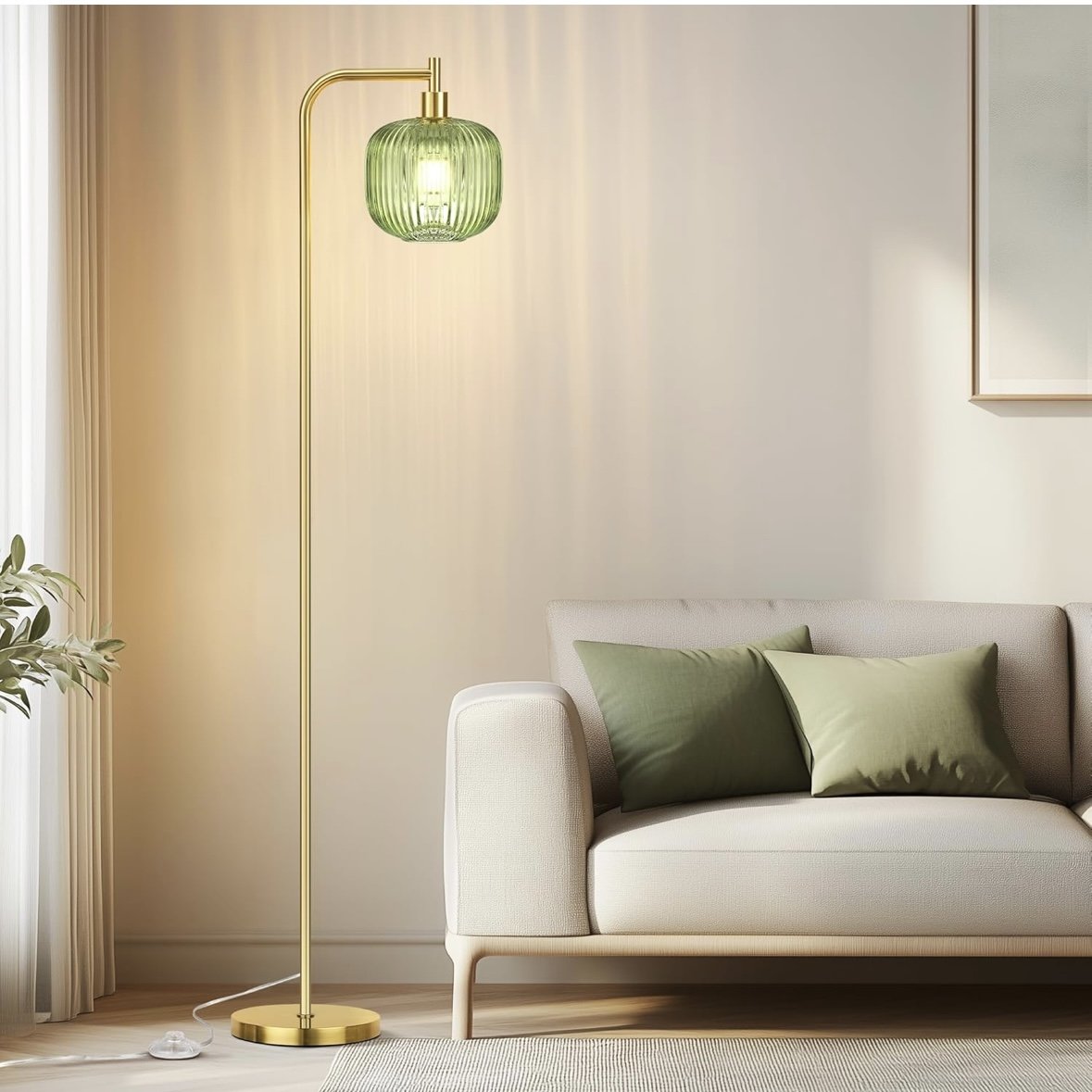 Glass Floor Lamp for Living Room, Modern Standing Lamp with Ribbed Glass Lampshade Pedal Switch, 67” Tall Lamp for Bedroom Study Room, Brushed Gold (2700K LED Bulb Included)