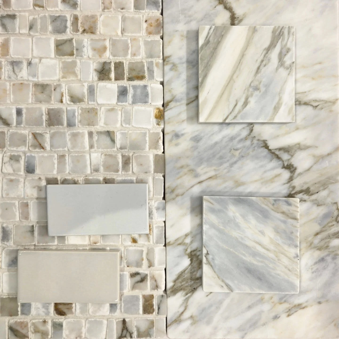 Matte matcha-ish blue-green ceramic tiles, honed  Calacatta Verde mosaic floors and honed Reve Blue marble field tile for this gorgeous bathroom scheme. TRYING TO DECIDE: Do you vote polished nickel or brushed brass for plumbing fixtures?