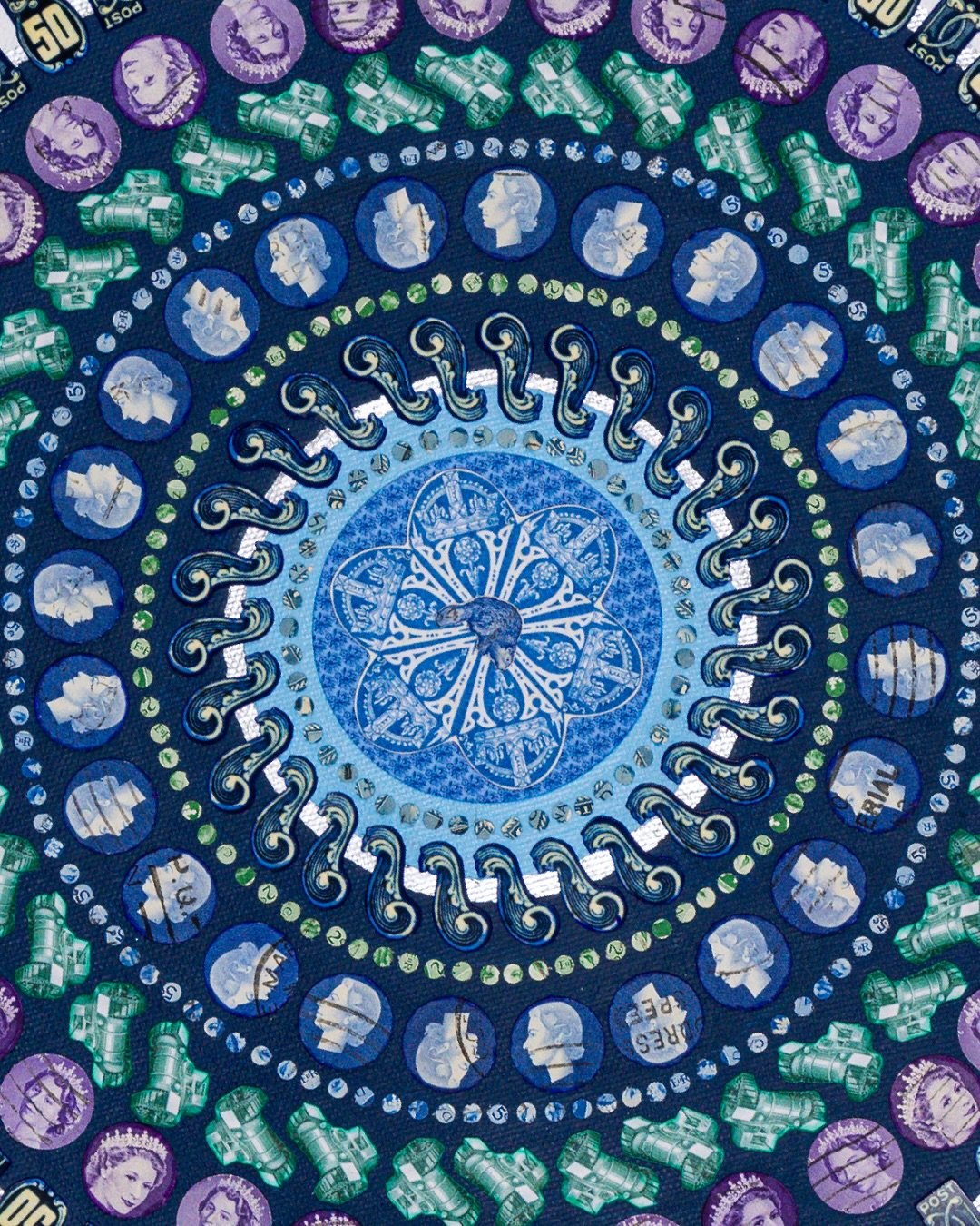 Mark of a Nation is built from thousands of postage stamps, fragments of official history, peeled, cut, and reassembled.

Each piece once marked a moment.
Now they map something else:
how identity is built, how memory travels,
how a country tells (an