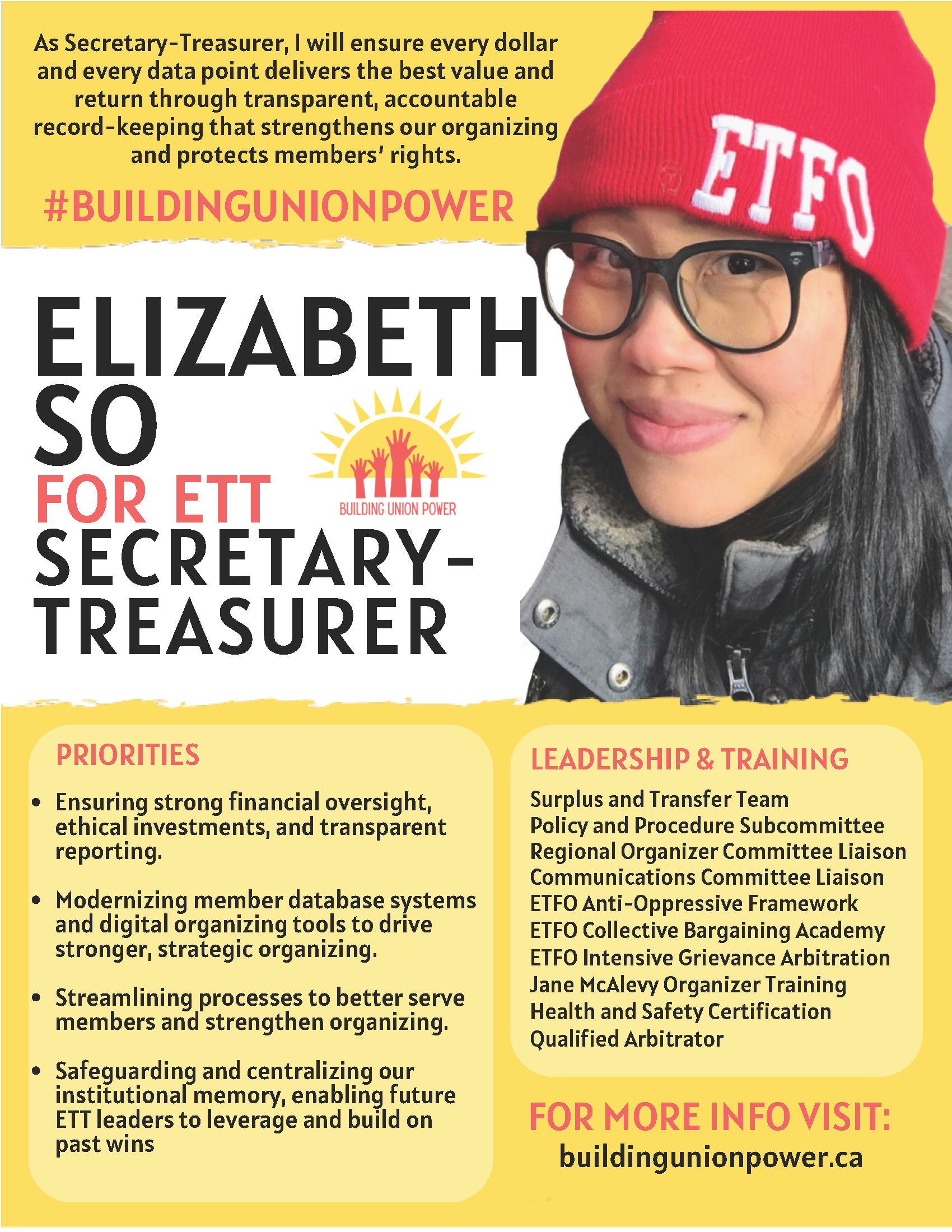 Campaign poster featuring a woman wearing glasses and a red beanie with 'ETFO' written on it. The poster includes Pink and yellow color blocks, with information about Elizabeth So's campaign for a Secretary-Treasurer role, priorities such as financia