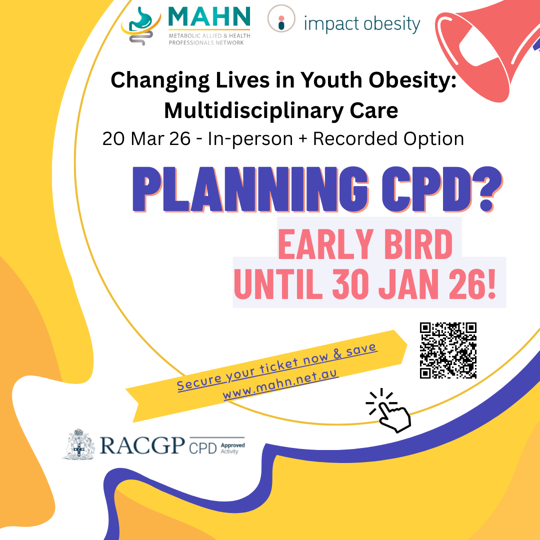 A colorful promotional poster for a multidisciplinary care event on youth obesity, providing details about an early bird registration deadline until January 30, featuring logos of MAHN, impact obesity, RACGP, and a QR code for ticket purchase.