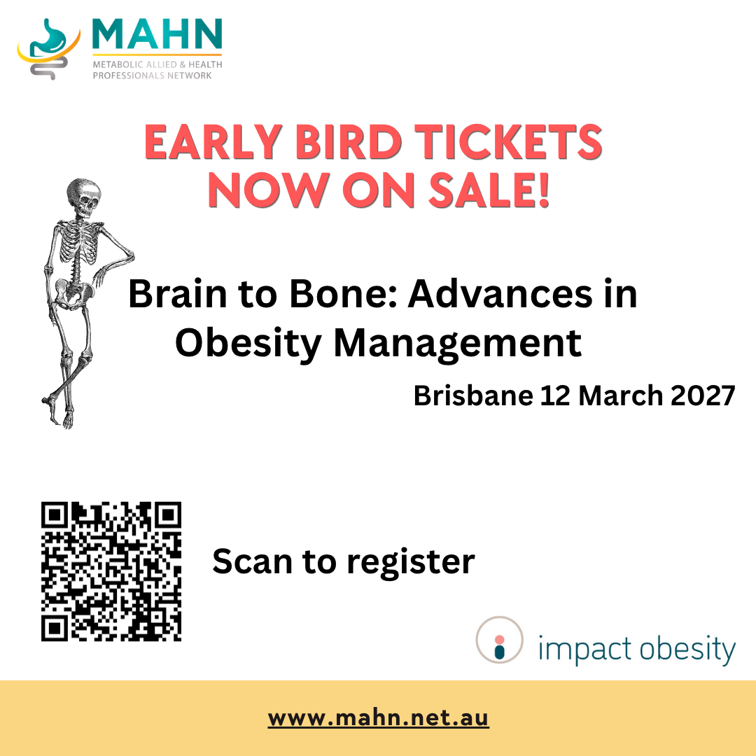 A flyer for a conference titled 'Brain to Bone: Advances in Obesity Management,' scheduled in Brisbane on March 12, 2027. It features a skeleton illustration on the left, a QR code for registration, and logos of MAHN and impact obesity. The top has a logo of a microscope, and the background is mostly white with a yellow footer.