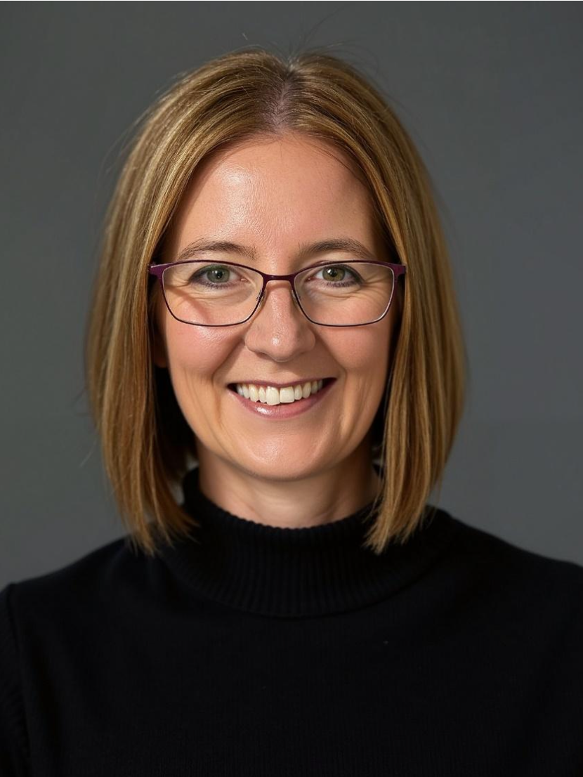 A woman with shoulder-length blonde hair wearing glasses and a black turtleneck, smiling against a gray background.