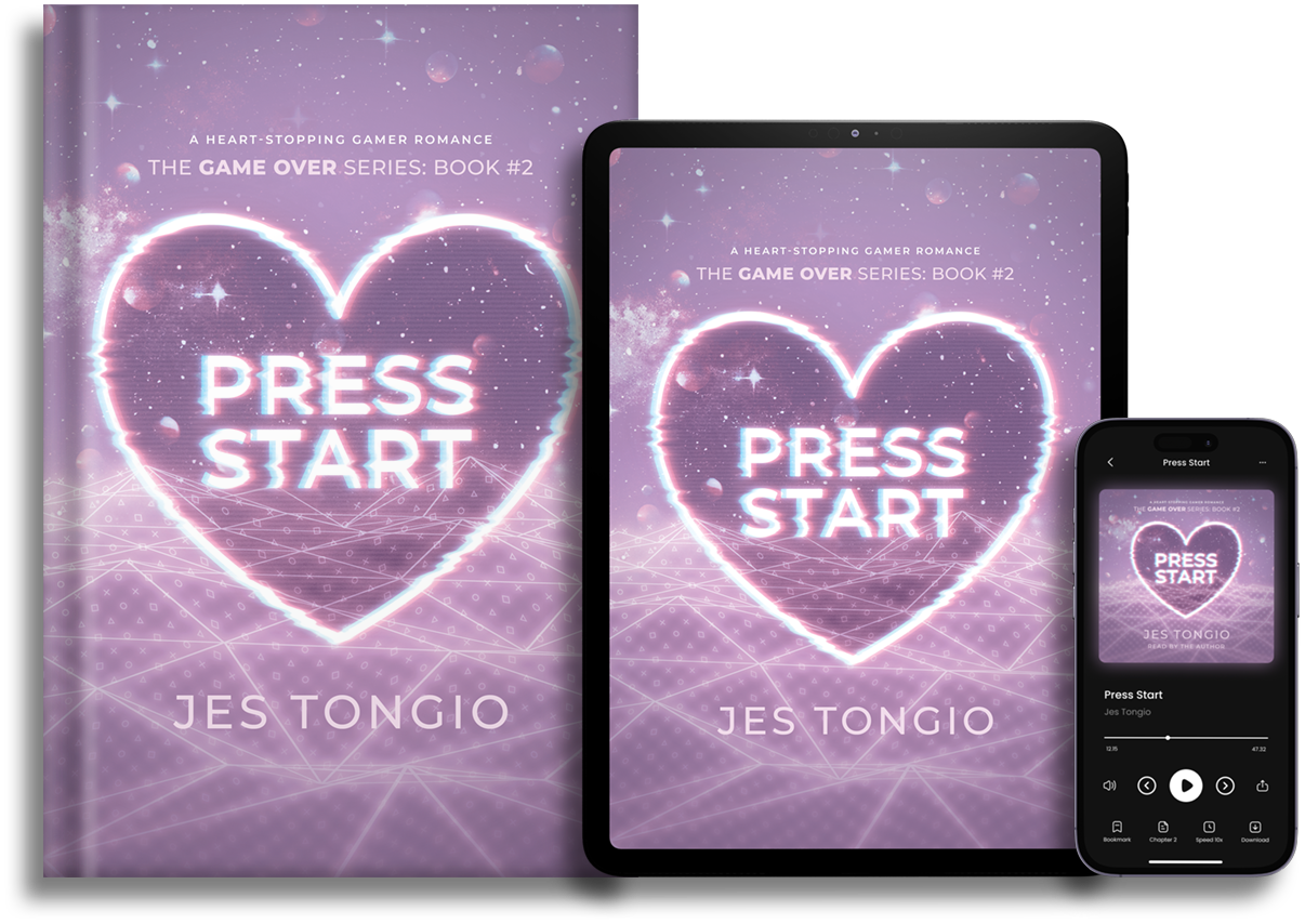 Book cover for Press Start shown on a hardcover book, a tablet, and a smartphone