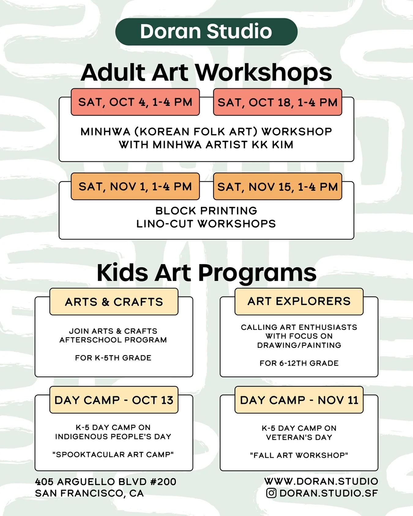 Upcoming Workshops and Fall Program at Doran Studio 🤩

#SanFrancisco #artstudio #kidsart #sfart #blockprinting #minhwa #koreanart #artsandcrafts #afterschool #workshops #linocut