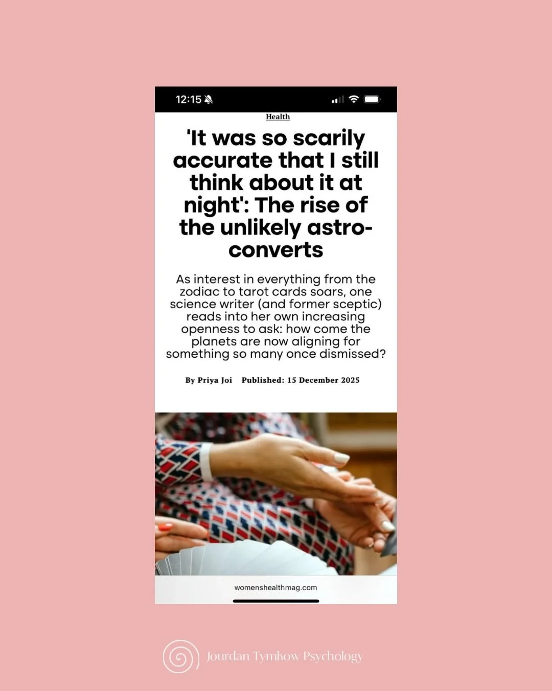 I was interviewed for Women&rsquo;s Health Magazine UK last month on the use of astrology in psychotherapy. My excerpt speaks to the origins of astrological use in psychology since Carl Jung and astrology as a language of meaningful symbol, saying:

