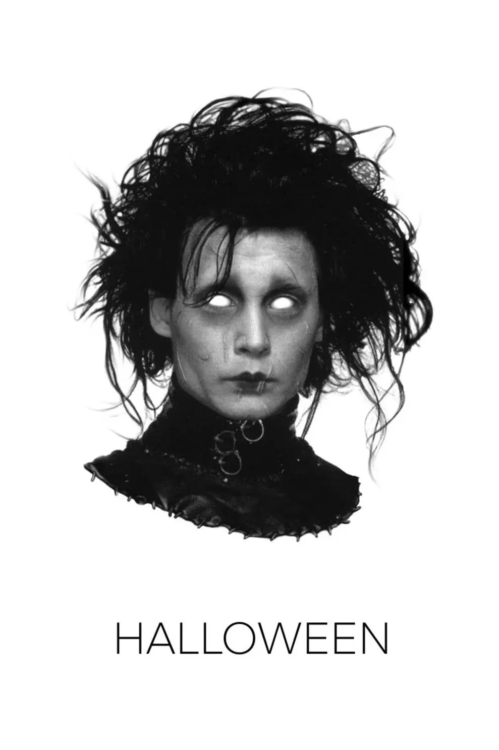 Black and white image of a person with wild, messy hair and eerie white eyes, wearing a dark choker with rings, with the word 'Halloween' written below.
