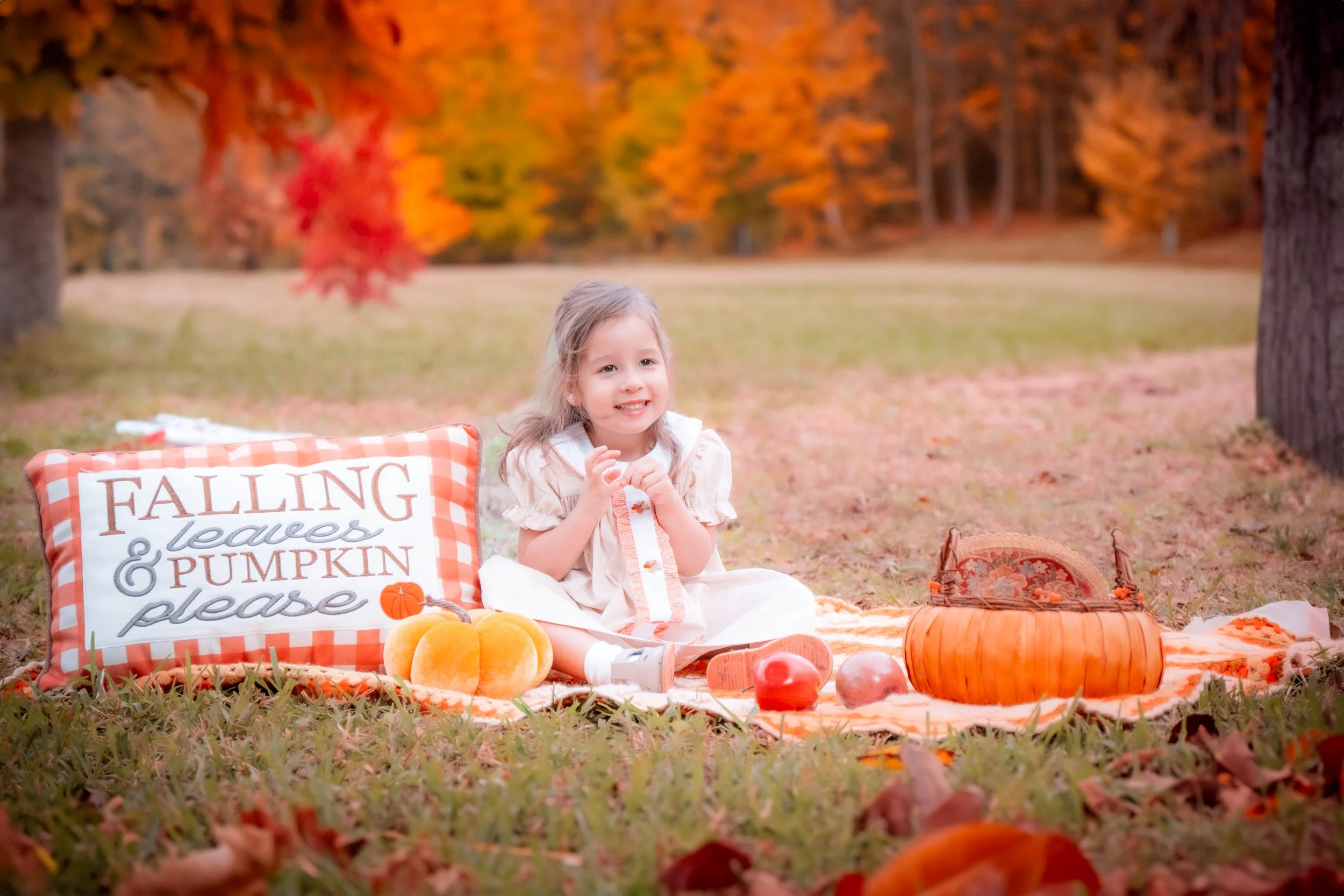 A young girl sitting on a checkered blanket outdoors during autumn with fall leaves scattered around. She is smiling and surrounded by pumpkins and a basket, beneath colorful fall trees.
