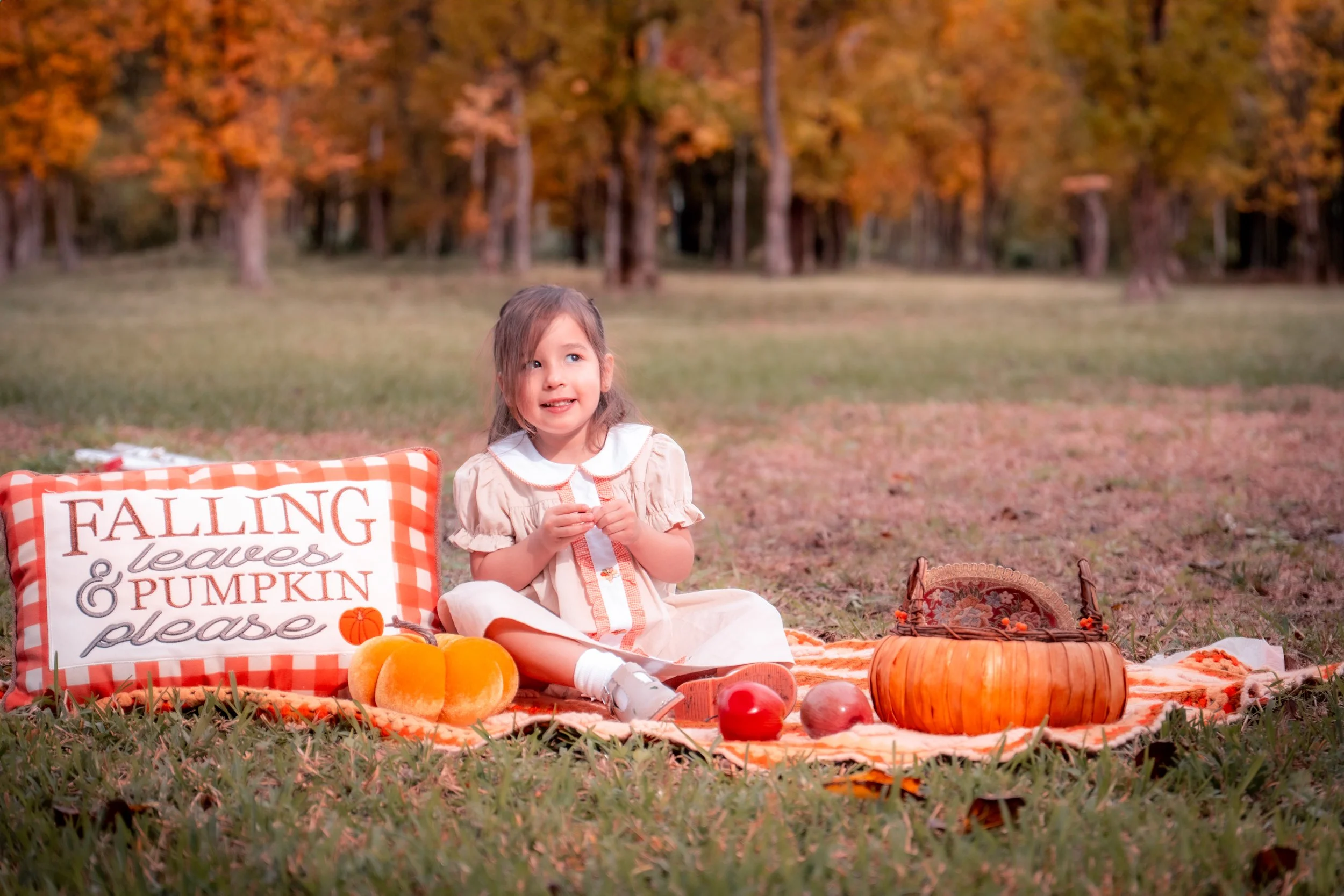 A young girl sitting on a blanket outdoors during autumn, surrounded by pumpkins and apples, with fall foliage in the background. There is a pillow with the words 'Falling leaves & pumpkin please' on it.