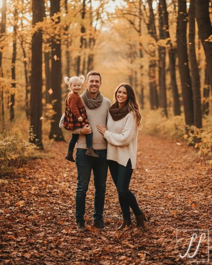 A family of three standing on a leaf-covered forest path during autumn, smiling at the camera. The father is holding a young girl, and the mother stands next to them, with warm clothing and fall foliage in the background.