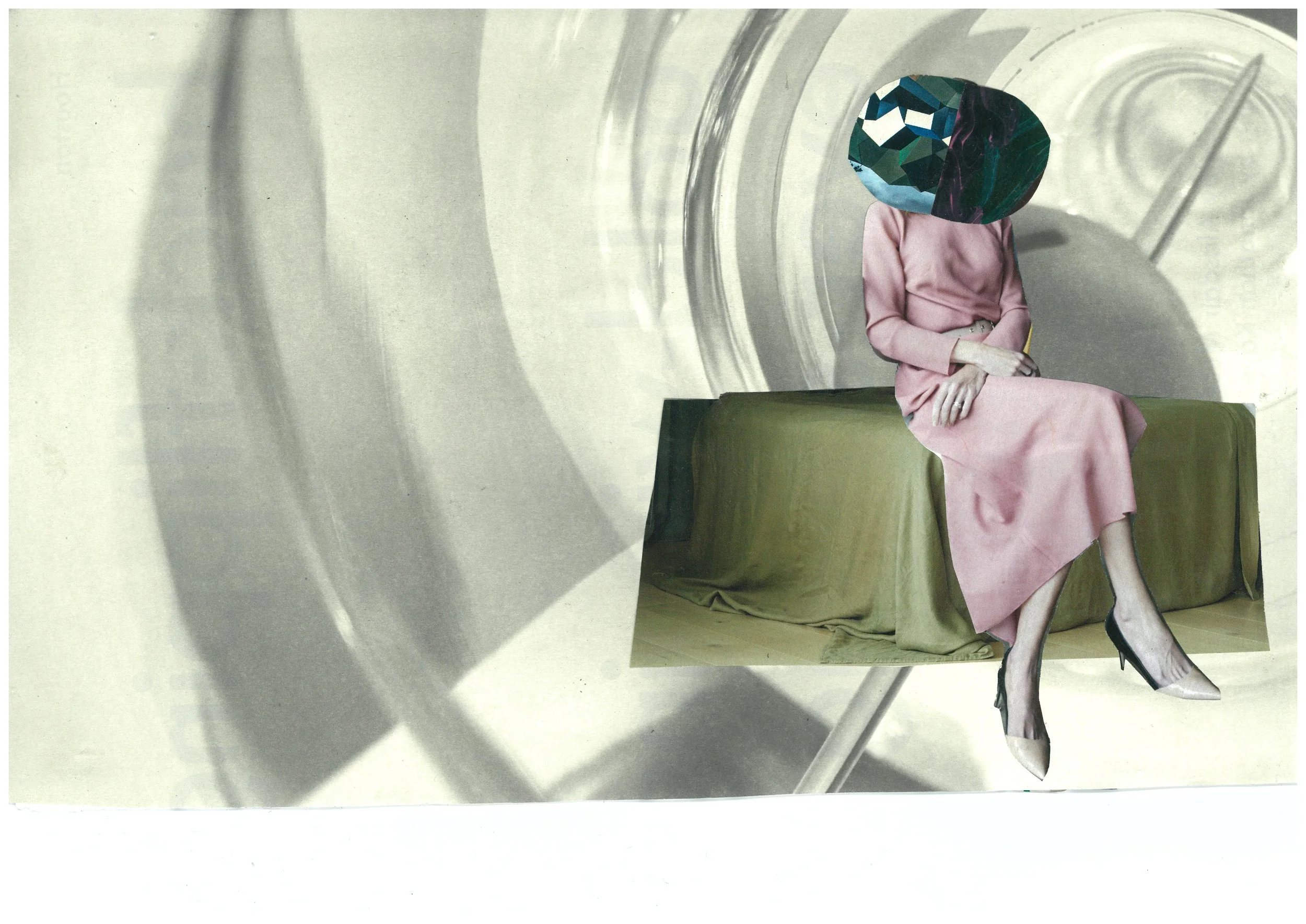 Collage: a woman in a pink dress sits on a draped green table, her head replaced by a faceted green and blue gemstone, against a pale photograph of glassware and long shadows.