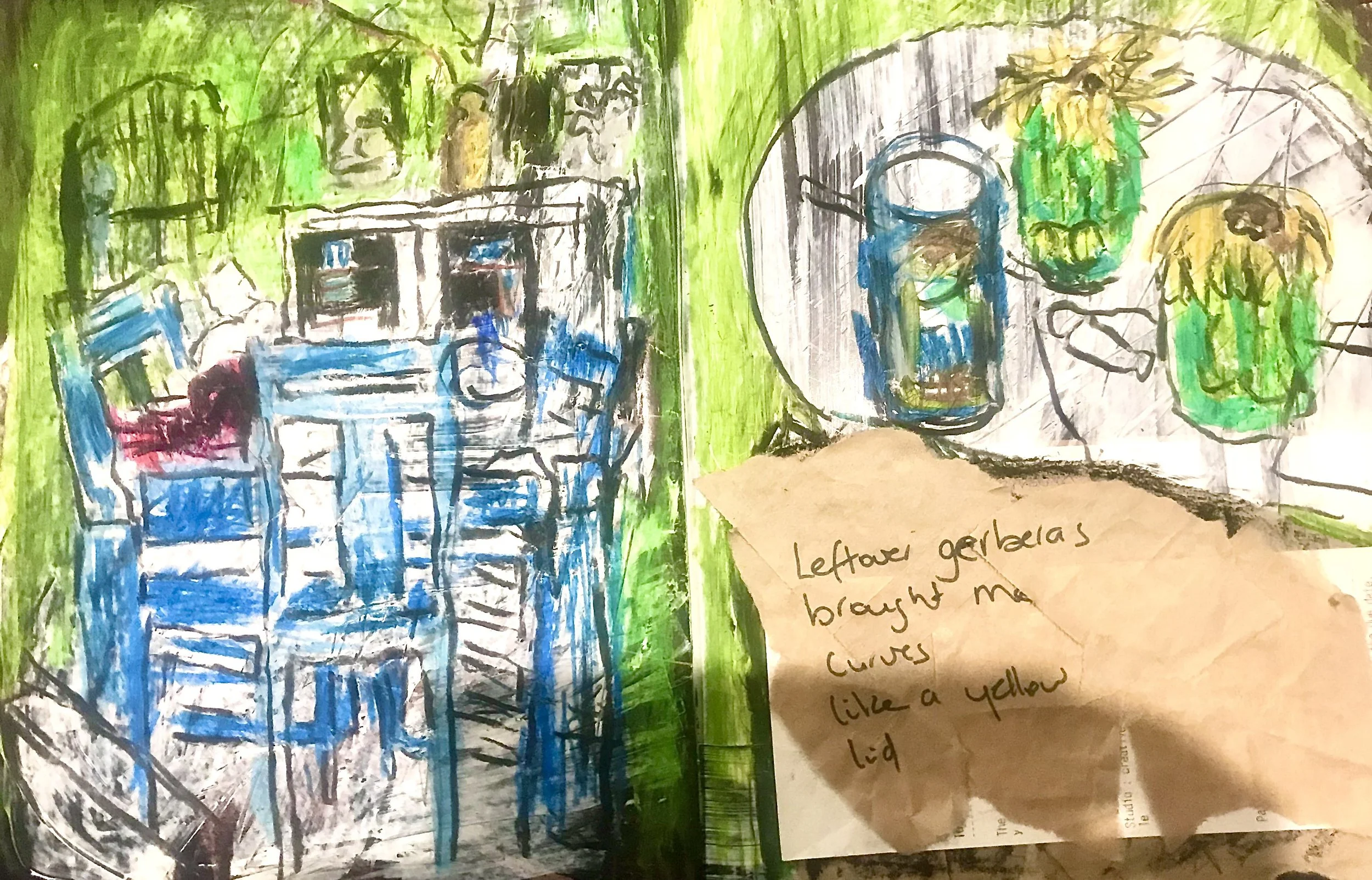 Sketchbook image showing a blue and green interior drawing and gerberas in green glass, with handwritten note on brown paper partially obscured by the artist's shadow.