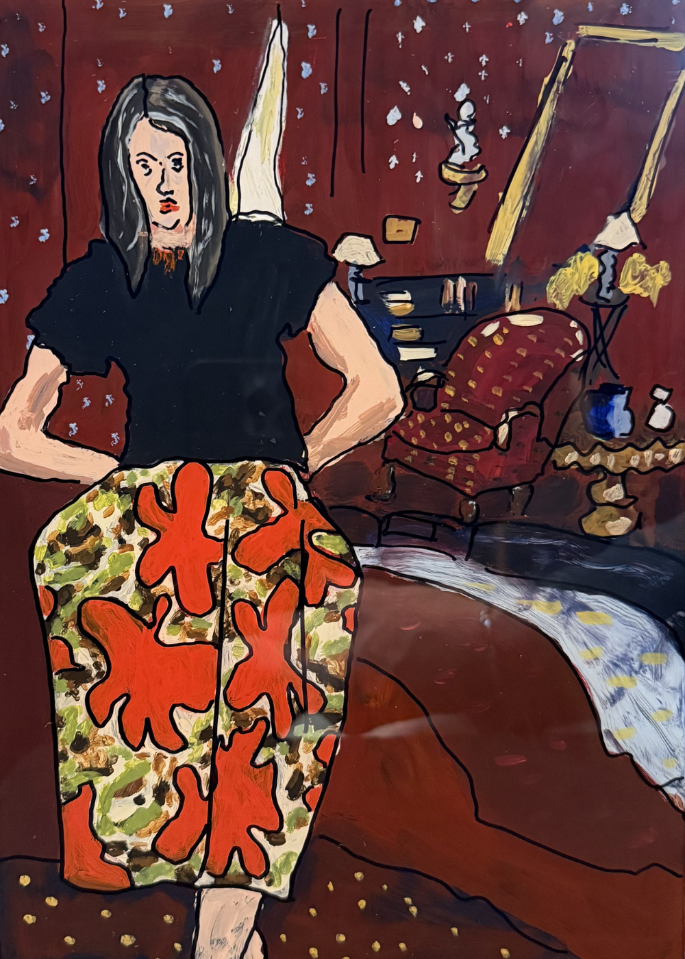 Painting: a figure in a black top and a patterned orange and green skirt stands with hands on hips in a deep red bedroom, with a bed, lamp and mirror behind.
