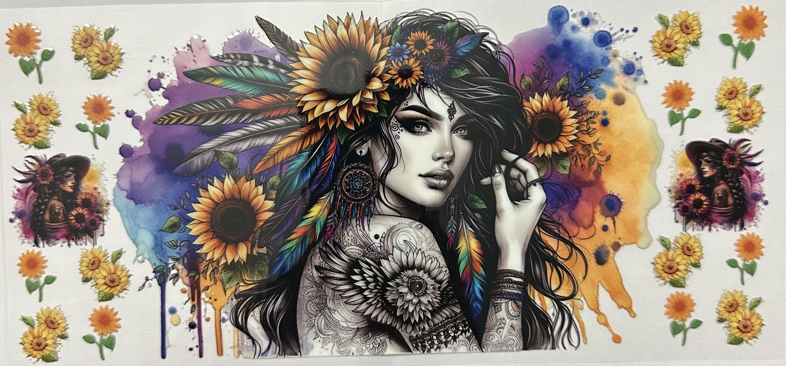 DS Tattoo Girl Rainbow Feathers Sunflowers