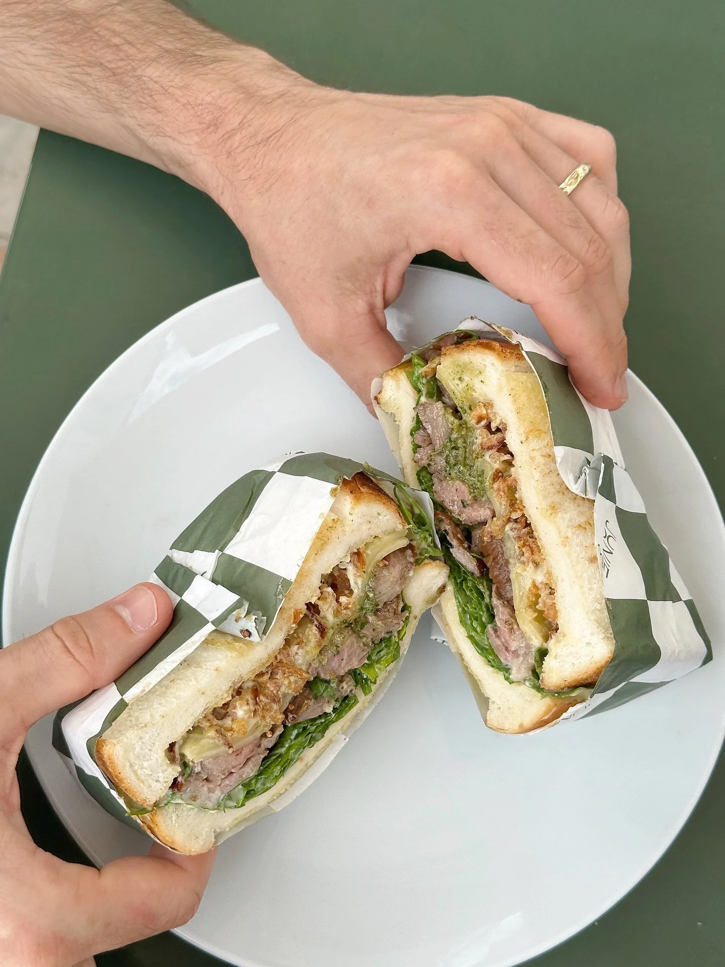 Available until sold out &mdash; steak sanga with pesto, Swiss cheese, rocket, fried onion, chives and Dijon teri mayo on shokupan white bread 🥪 gluten free option available