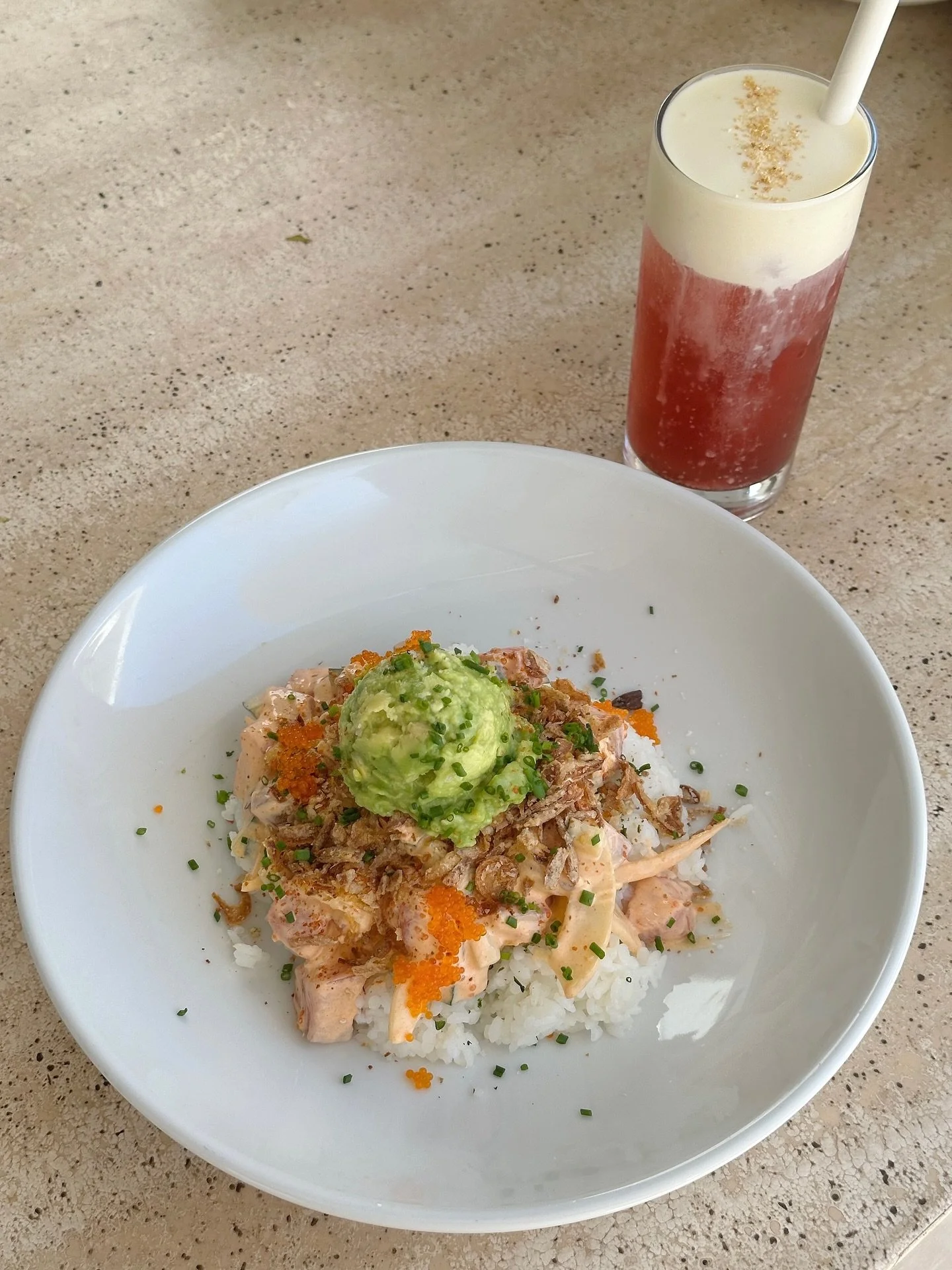 Two specials inspired by our team&rsquo;s recent travels to Hawaii 🌺 available until sold out!

Aloha hibiscus iced tea cloud ☁️

Aloha spicy salmon poke bowl 🍣 with salmon sashimi, avo, cucumber, tobiko, red onion tempura flakes &amp; sushi rice