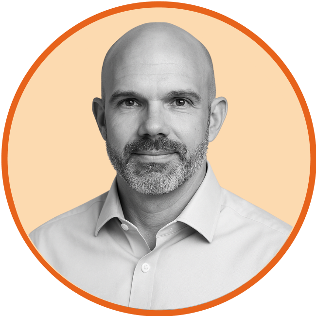Profile photo of Tim on a light orange background.
