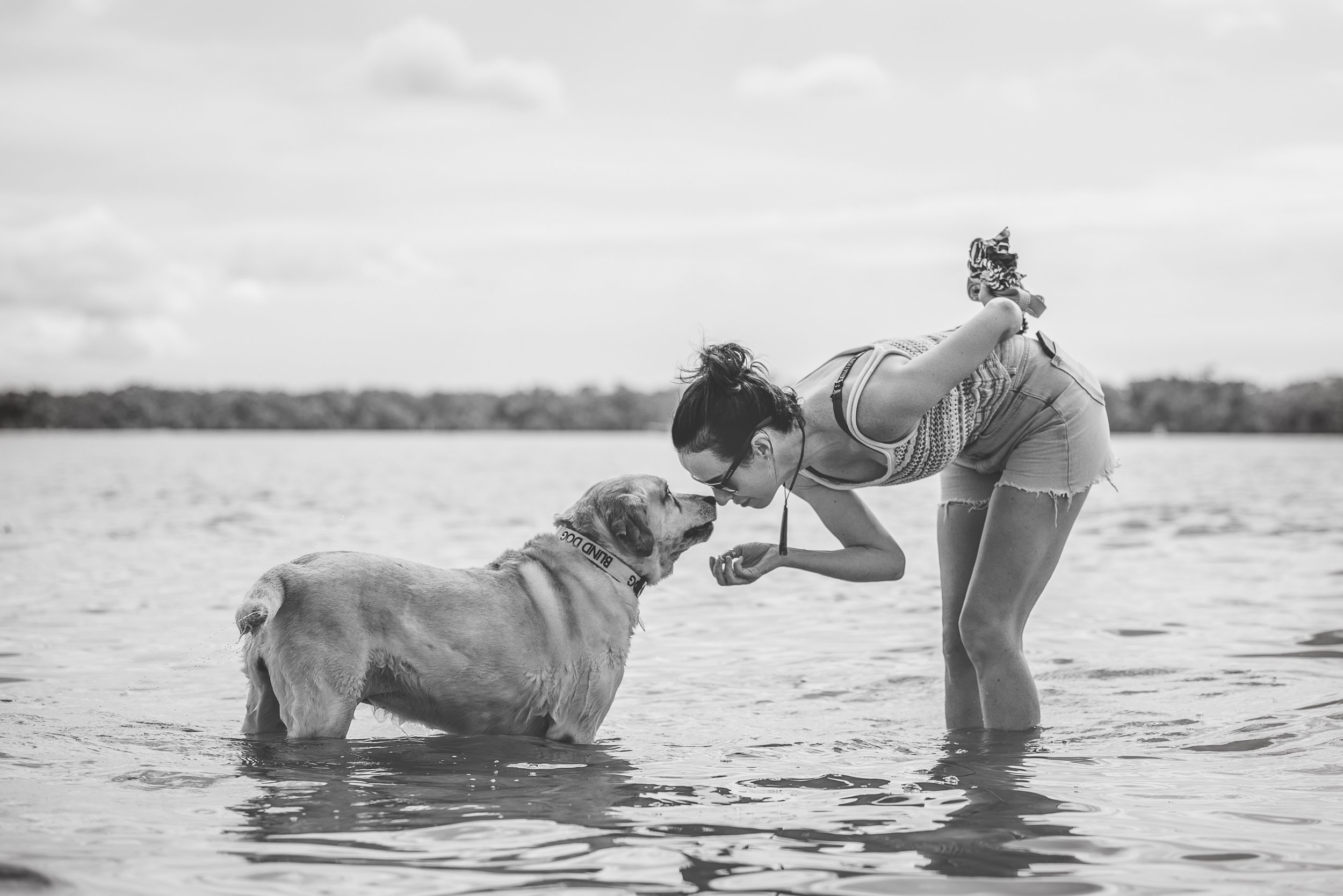 A beautiful black and white portrait of a woman leaning down to kiss her Labrador's nose while standing together in the ocean. This emotional image captures a fleeting moment of love, trust and lifelong companionship. PHOTO BY PAWTISTIC MEDIA
