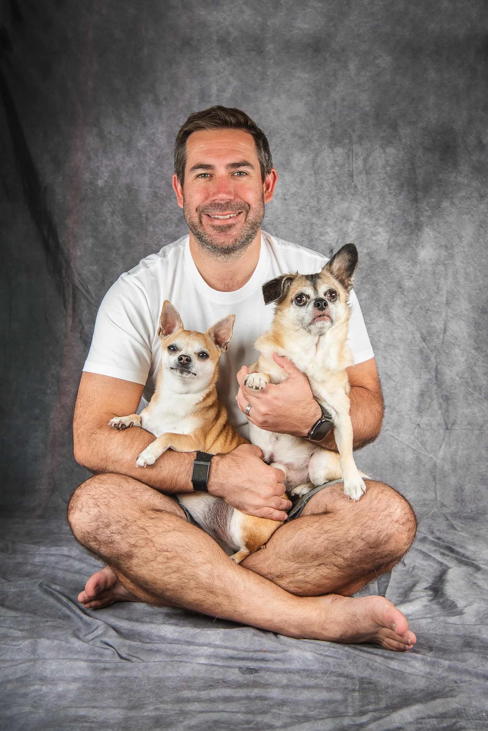 A beautiful studio portrait featuring a devoted dog dad and his two Chihuahua crossbreed companions. This professional pet photography session captures the special bond shared between pets and their family. PHOTO BY PAWTISTIC MEDIA