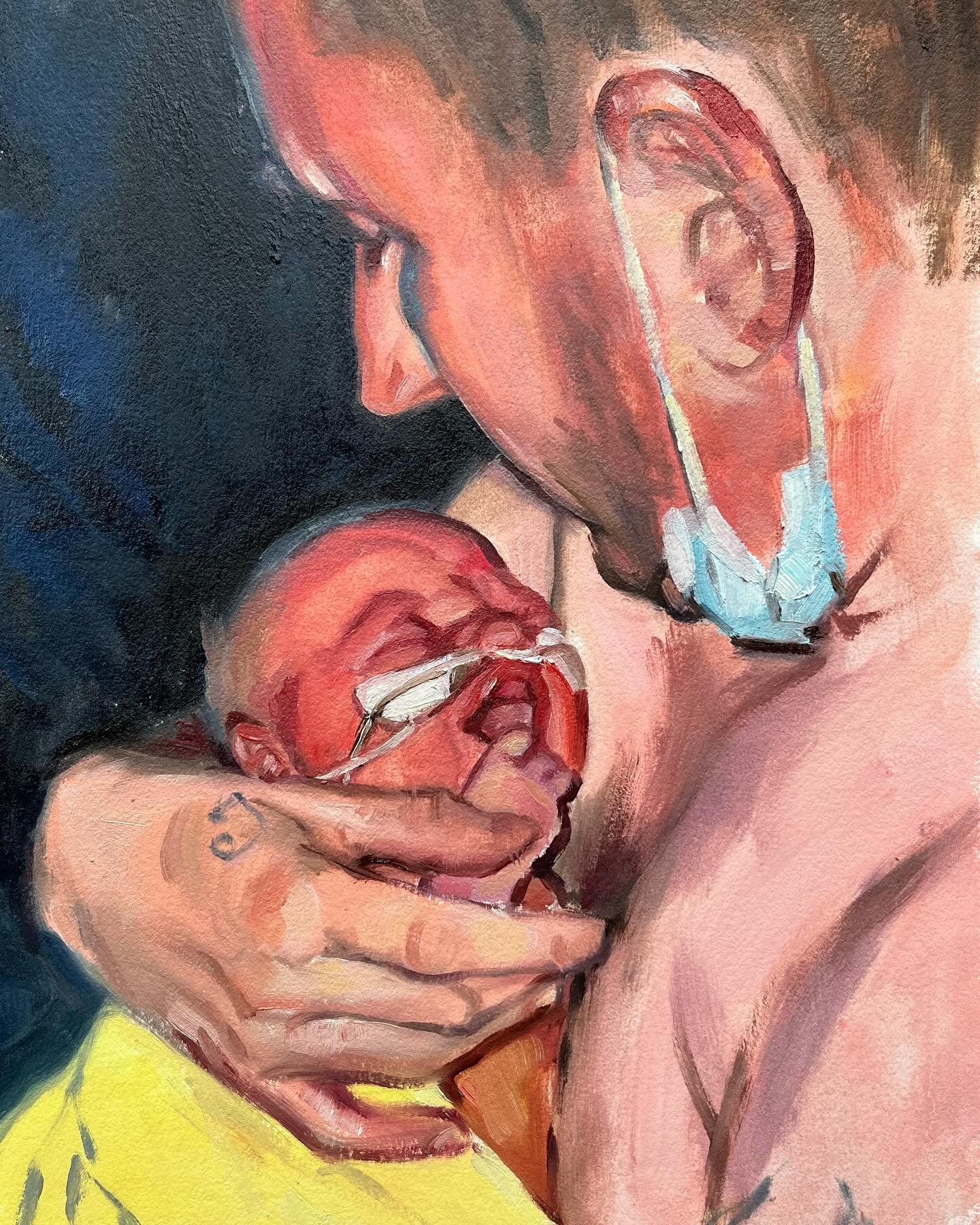 Happy to be at 16/100, painted from a gorgeous photo sent me by a local mum 🥰, of first cuddles with the newborn, in the neonatal ward. Precious new parent moment. This is painted in oils on @archespapers oil paper, 16/100 in the 100 heads challenge