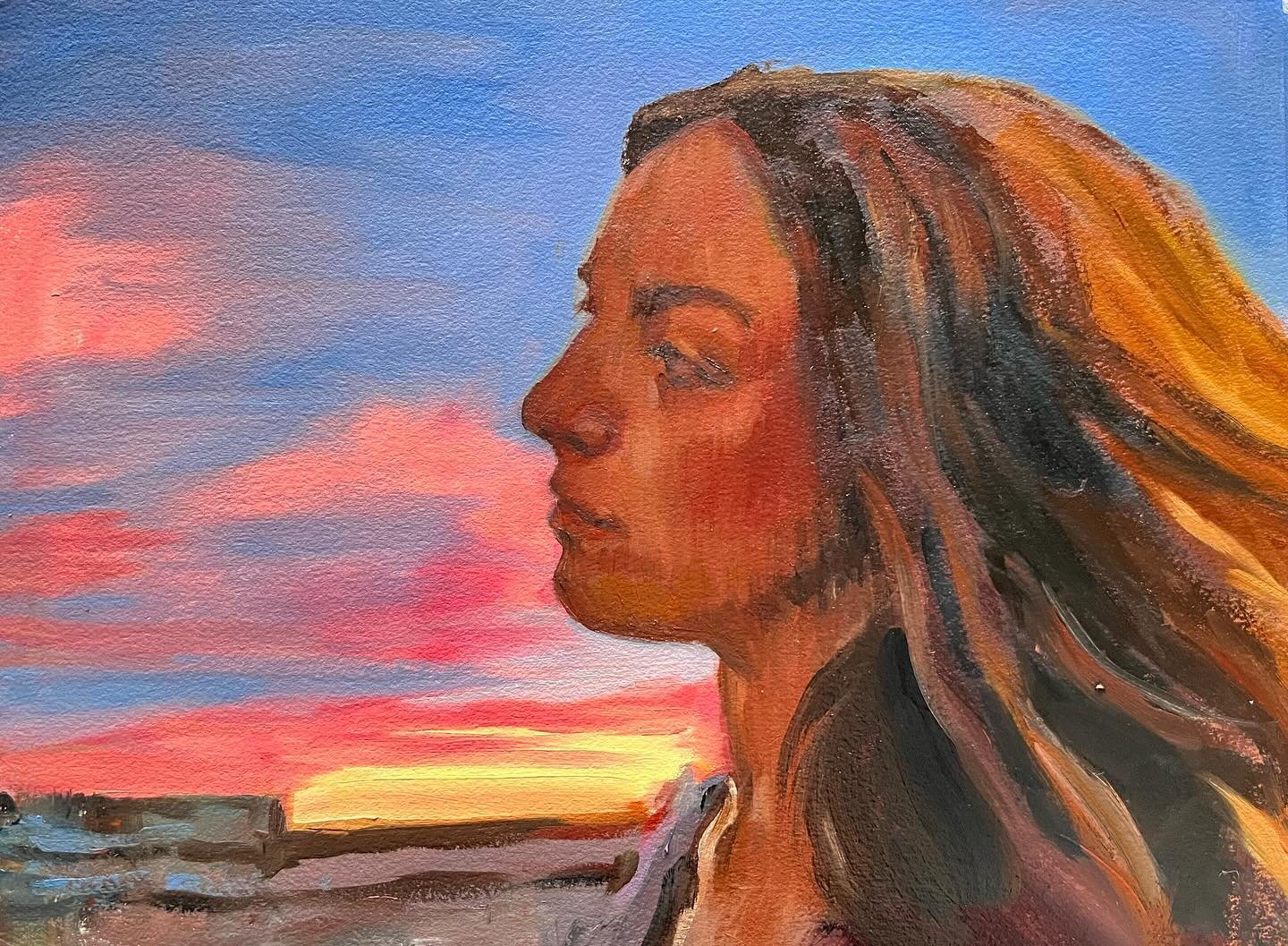 I&rsquo;m sitting in the morning sunshine posting this 😎, this painting of a woman at sunset. She is number 13/100 in my 100 heads series, painted in oils on A4 Arches oil paper. My first time with this paper. What are your experiences with it? I&rs