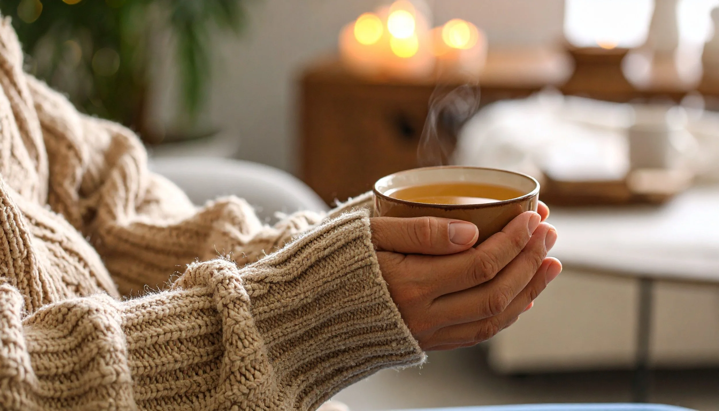 Person wearing a cozy, chunky knit sweater holding a steaming cup of tea or coffee indoors.