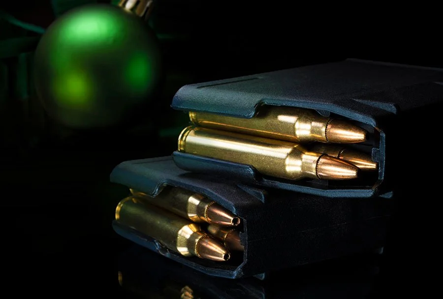 Ammo storage solution featuring loaded metal magazines and pine branches