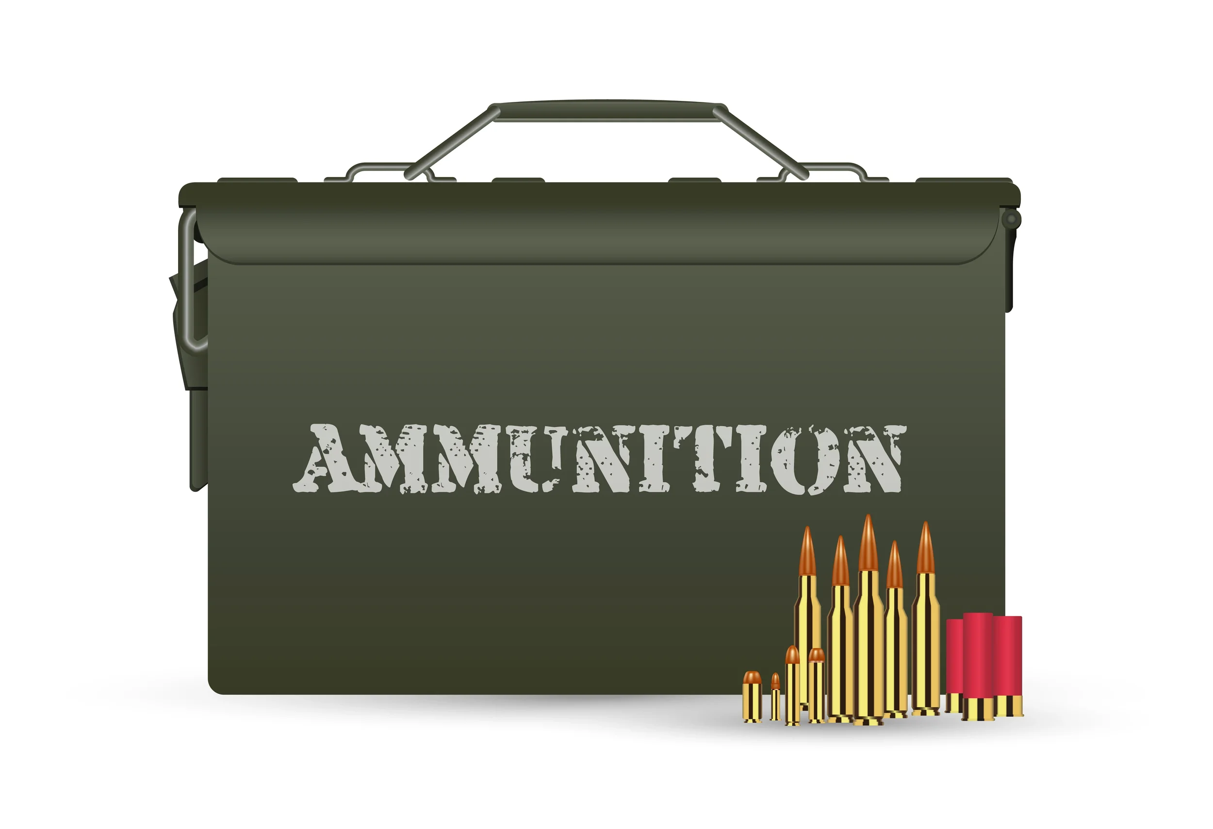An illustration of an olive green M2A1 ammo can with ammunition..webp