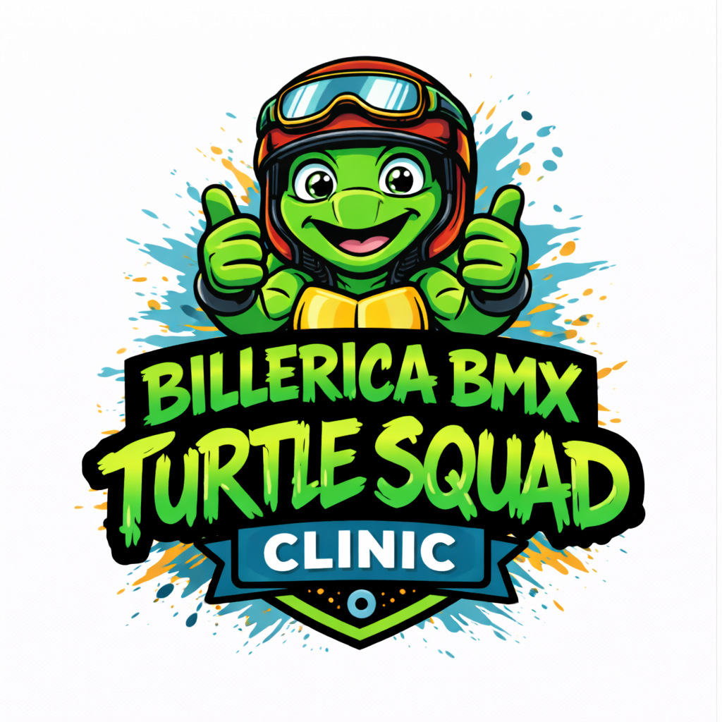 A colorful, cartoon turtle wearing a helmet with goggles, giving two thumbs up, with splashes of paint behind it. Text reads 'Billerica BMX Turtle Squad Clinic'.