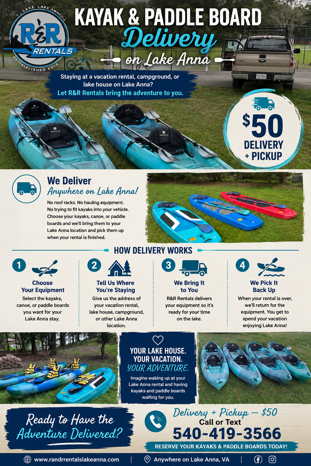 Kayak, Canoe and Paddle Board Delivery on Lake Anna, Virginia