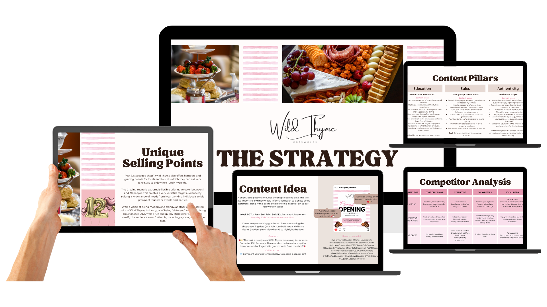 Multiple screens displaying presentation slides for a marketing strategy, including content pillars, unique selling points, and competitor analysis, with images of food and people interacting with a tablet.