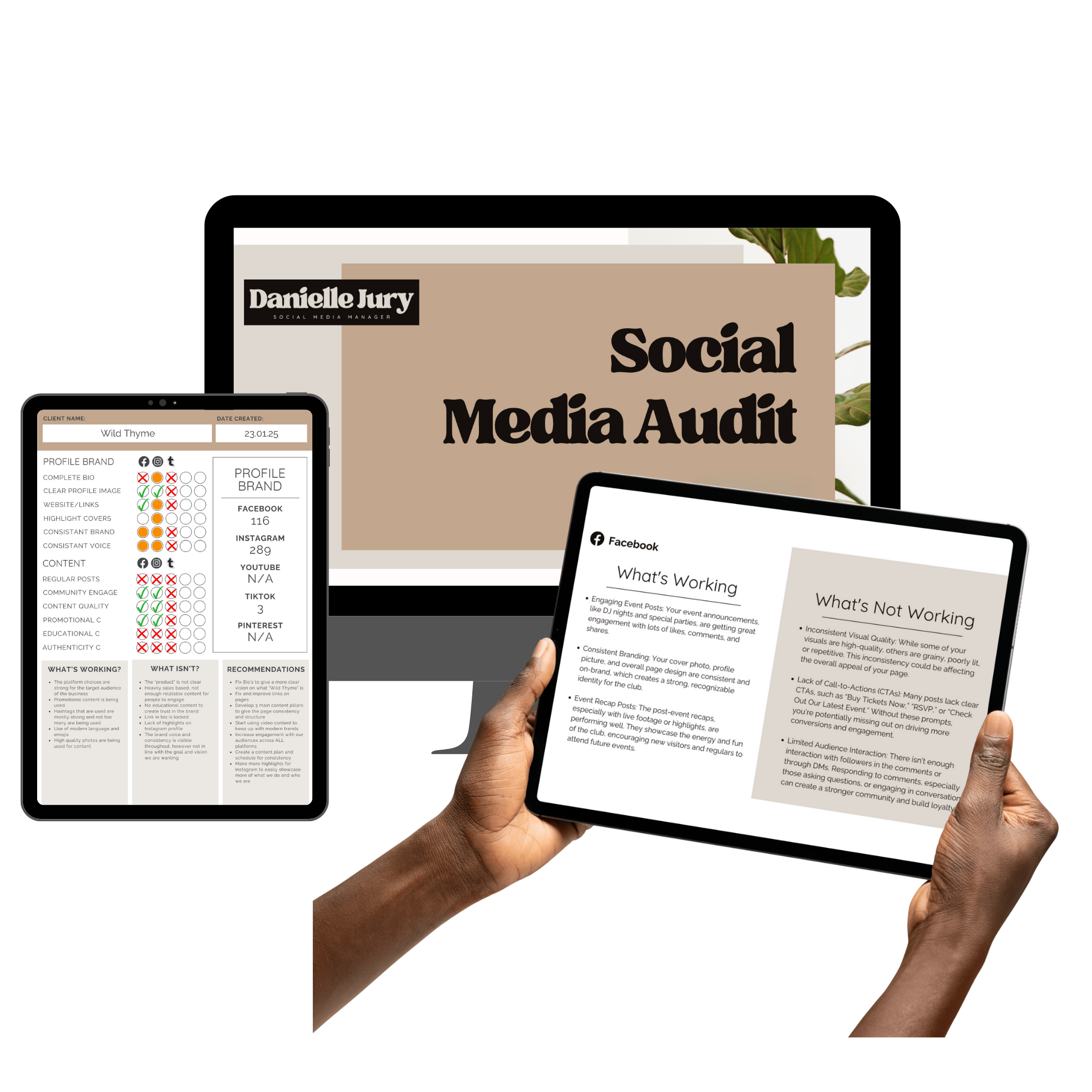 A digital presentation for social media audit showing a tablet with 'What's Working' and 'What's Not Working' sections, a tablet with client data and evaluation, and a screen with a 'Social Media Audit' cover page, all on a black background.