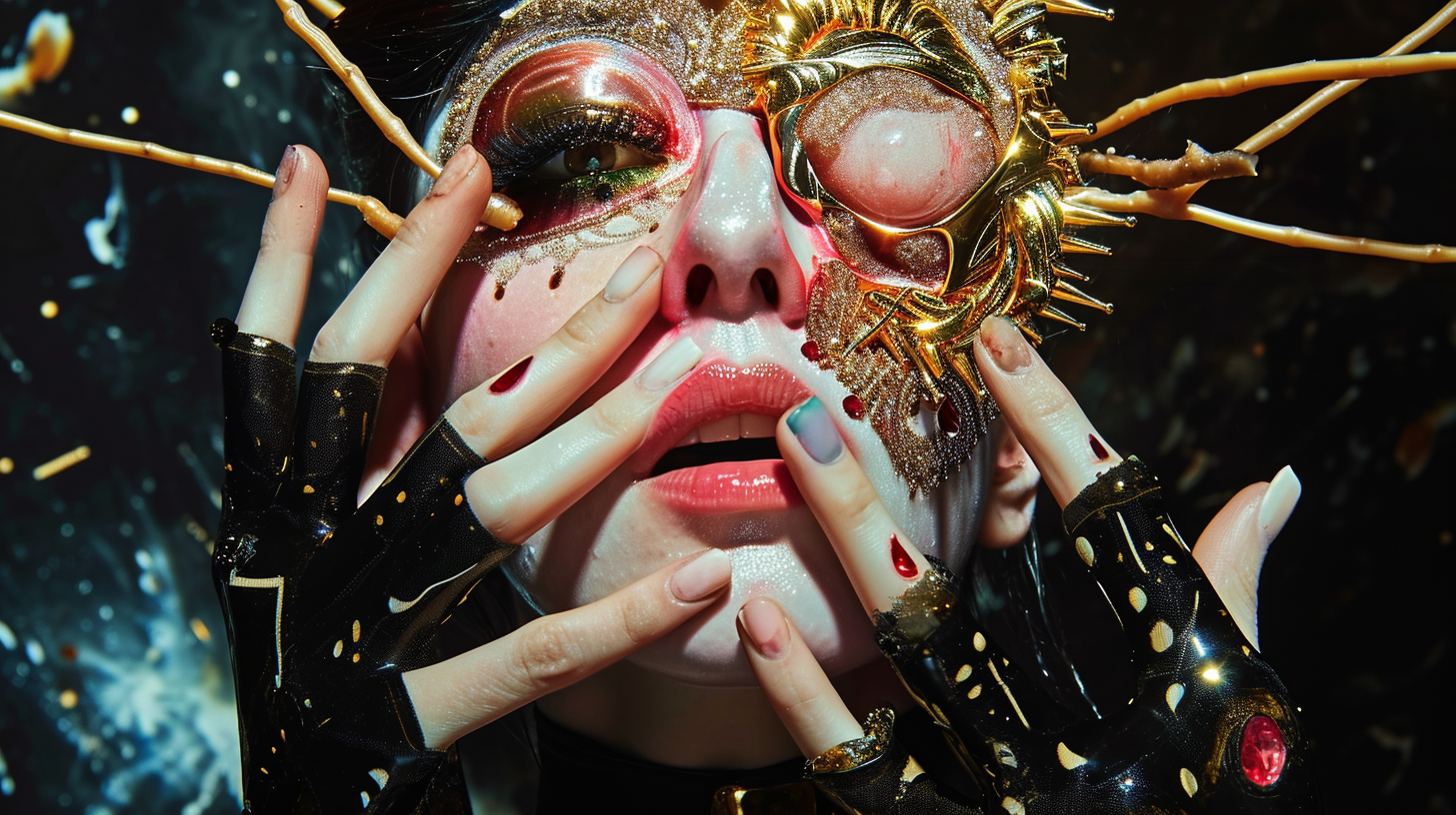A person wearing elaborate, gold and metallic accessories covering part of their face, with colorful makeup and long black gloves with gold accents, posing dramatically.