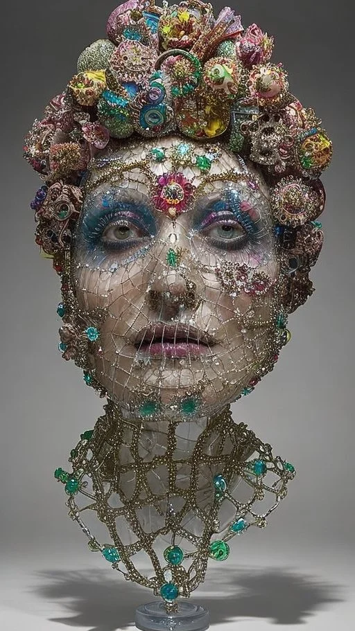 A sculpture of a woman's bust decorated with jewelry and beads, featuring a headdress made of colorful, ornate beads and accessories, with detailed facial features and makeup.