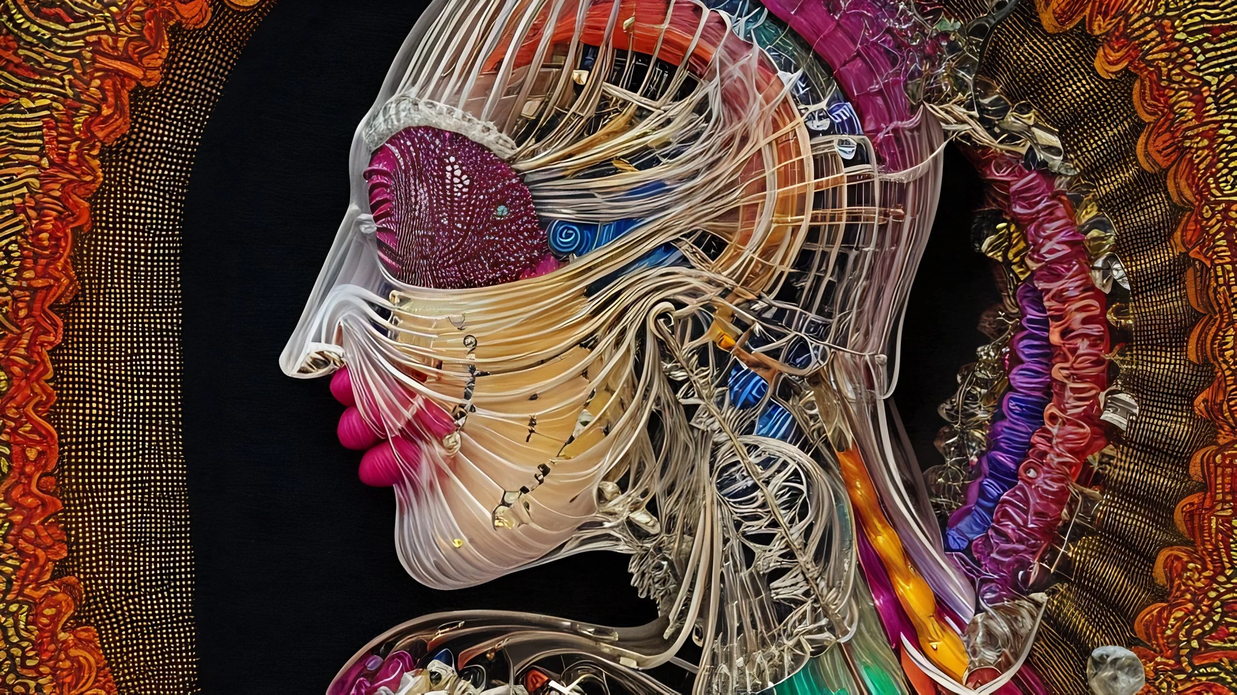 Colorful, abstract side profile of a human face made from layered, shiny, colorful materials and intricate patterns, with surrounding vibrant decorative borders.