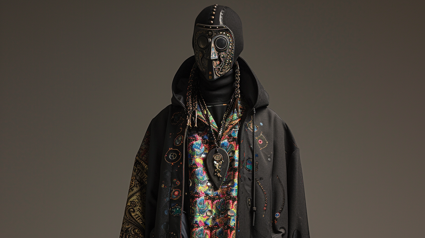 A person wearing a black hoodie, colorful embroidered shirt, and a black mask with metallic and decorative details.