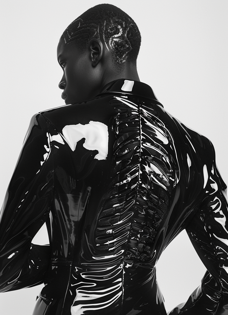 Black leather jacket with a back view of the human skeleton pattern in shiny material.