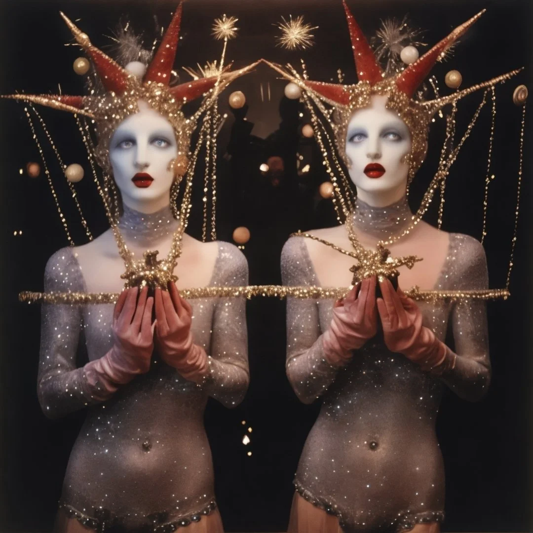 Two mannequins with futuristic, glittering costumes and elaborate headdresses with golden spikes and orbs, holding chains, against a dark background with sparkling lights and fireworks.
