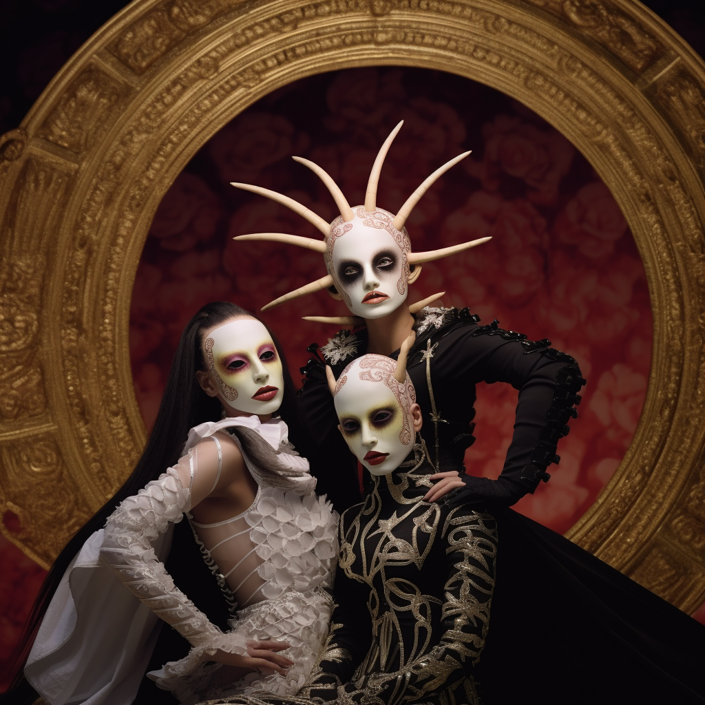 Three people in elaborate costumes with white masks and dark eye makeup posing in front of a large ornate gold circle with a floral background.