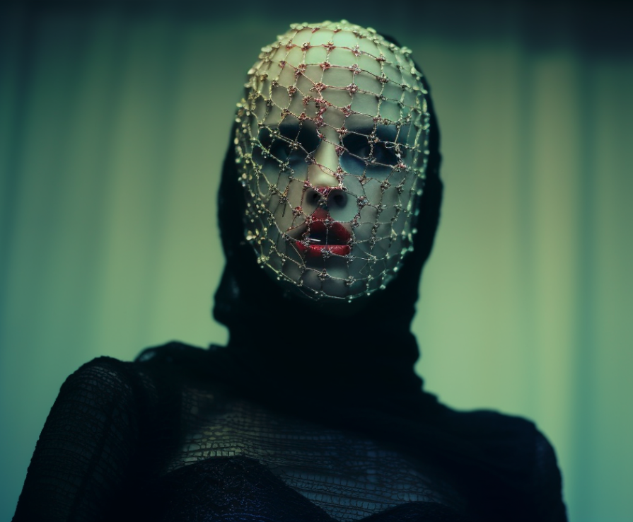 A person wearing a white mask with lips and dark eyes, covered by a beaded net, and black clothing, against a green curtain background.