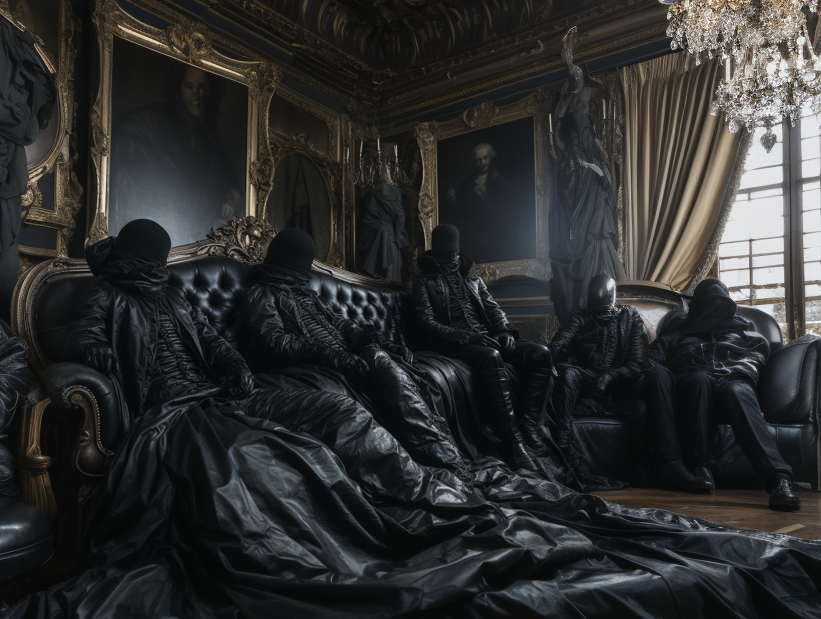 Six individuals dressed in black, wearing masks, seated on black leather sofas in an ornate, dark-room with gold-framed portraits and statues, near large windows with heavy curtains.