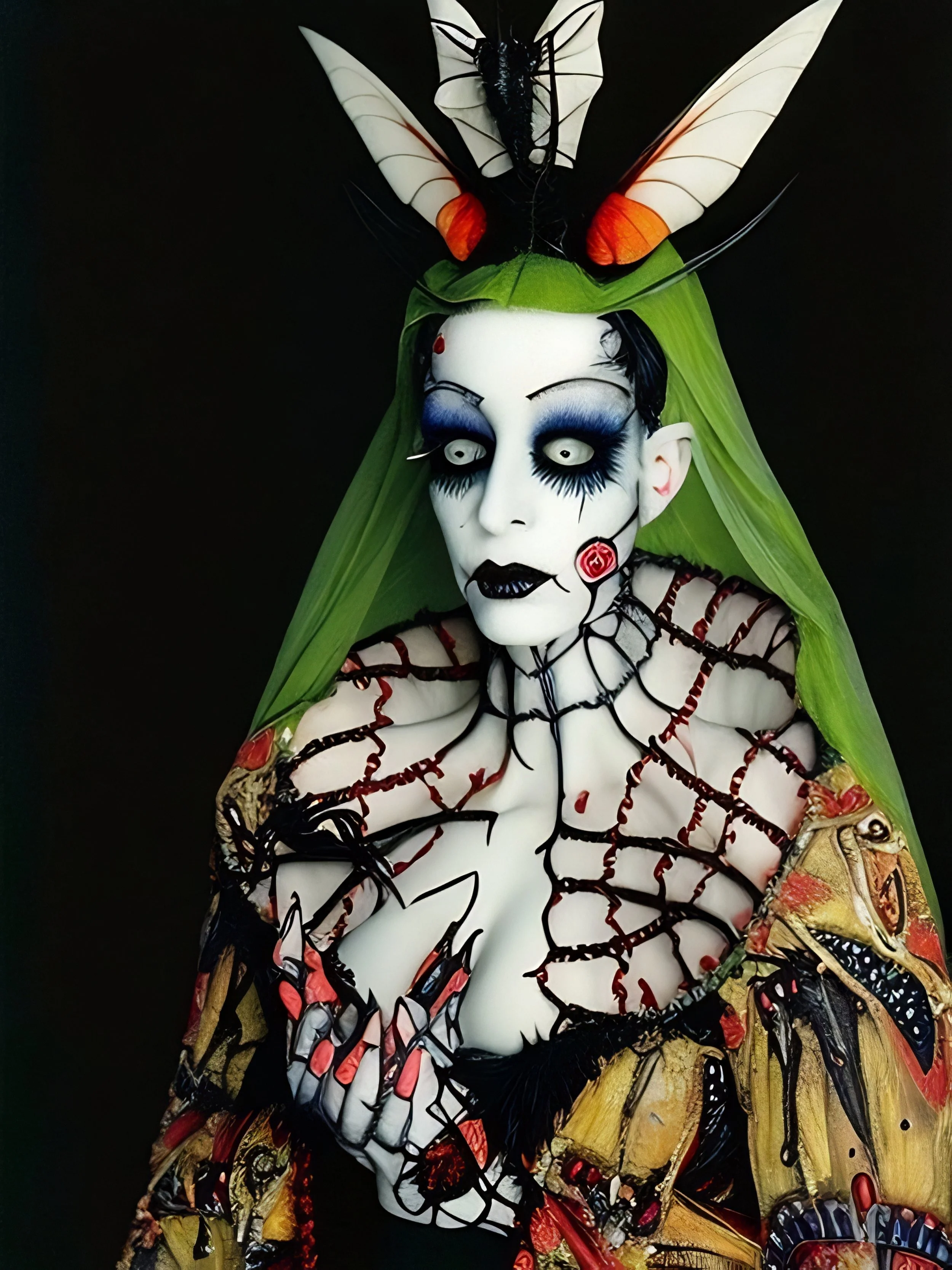 A dark-themed sculpture of a woman with white skin, blue eyeshadow, black lipstick, and green hair. She has a large green leaf as a headdress, with a black and white butterfly and a black insect on top. The figure's body is decorated with black and r