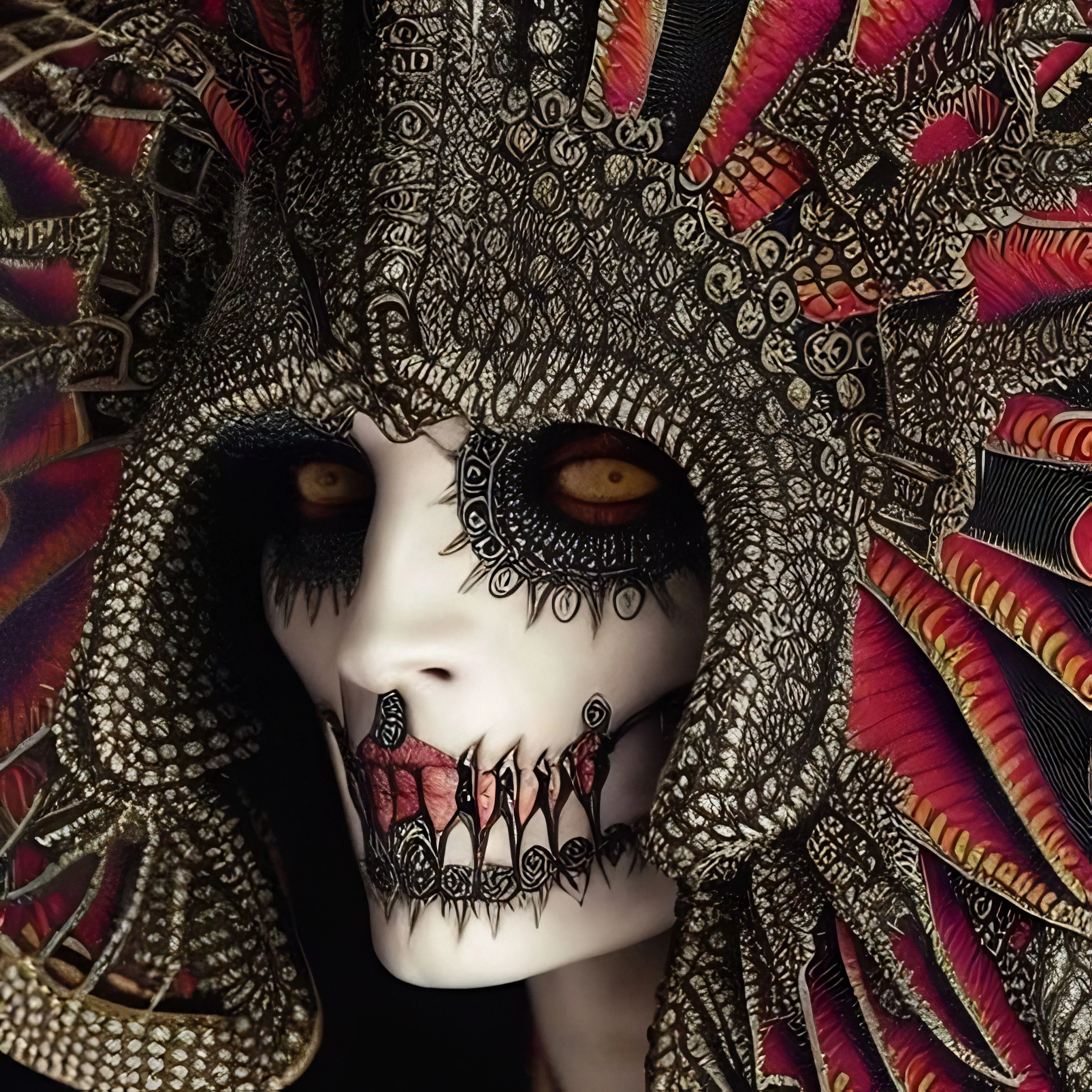 A person wearing a white skull mask with black lace, jewelry, and large decorative headpieces with red, black, and gold accents.