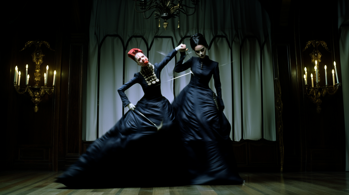 Two women in black, Victorian-style dresses dance passionately in a dark, ornate room with old-fashioned wall sconces and a chandelier, with dramatic lighting.