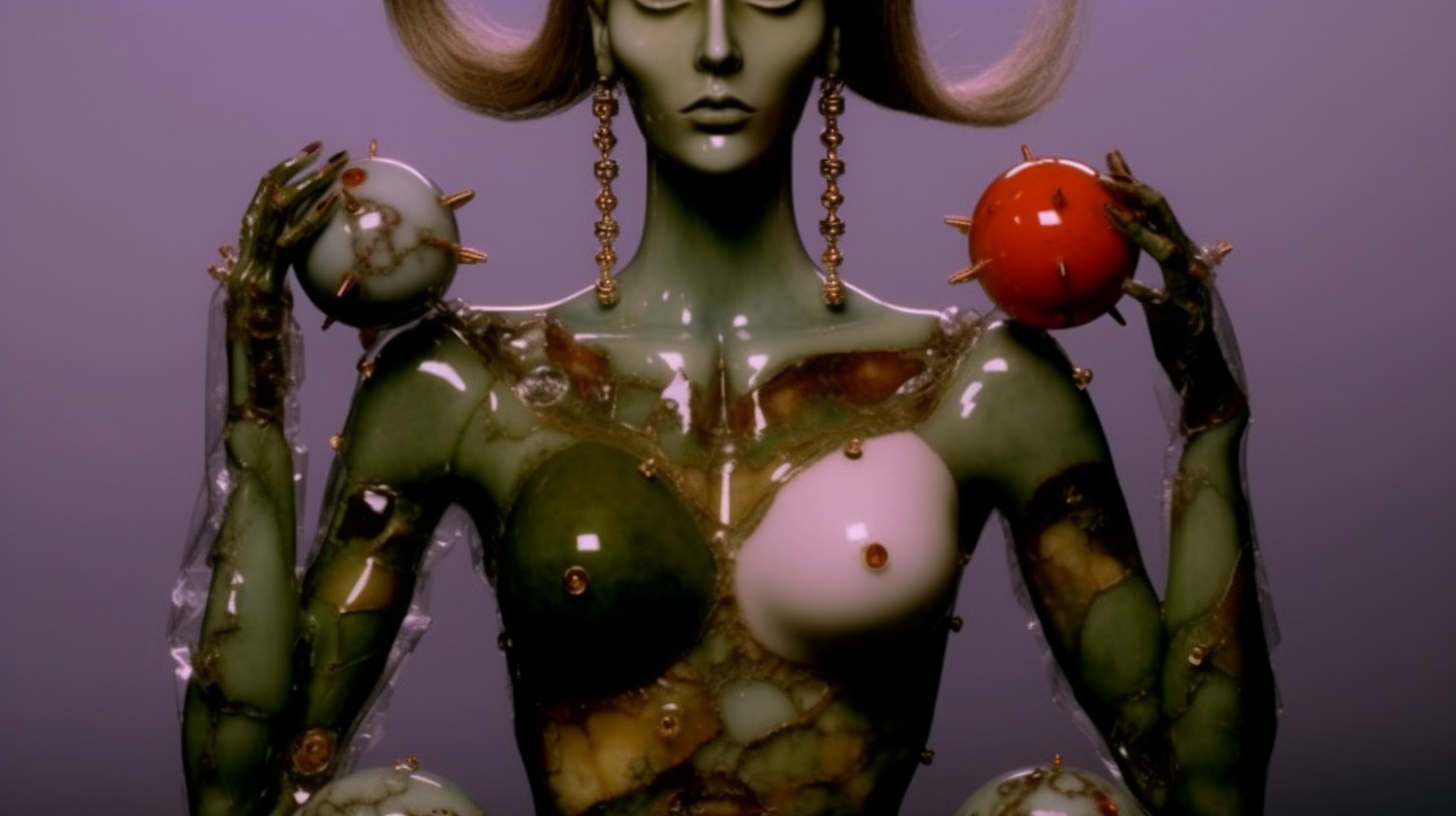 A mannequin with a metallic green and gold body, wearing large dangling earrings, holds two spherical objects resembling bombs, one white with gold spikes and one red with gold spikes, against a purple background.