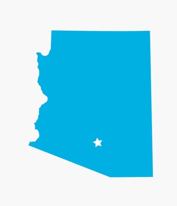 Blue silhouette map of Arizona with a star marking Phoenix