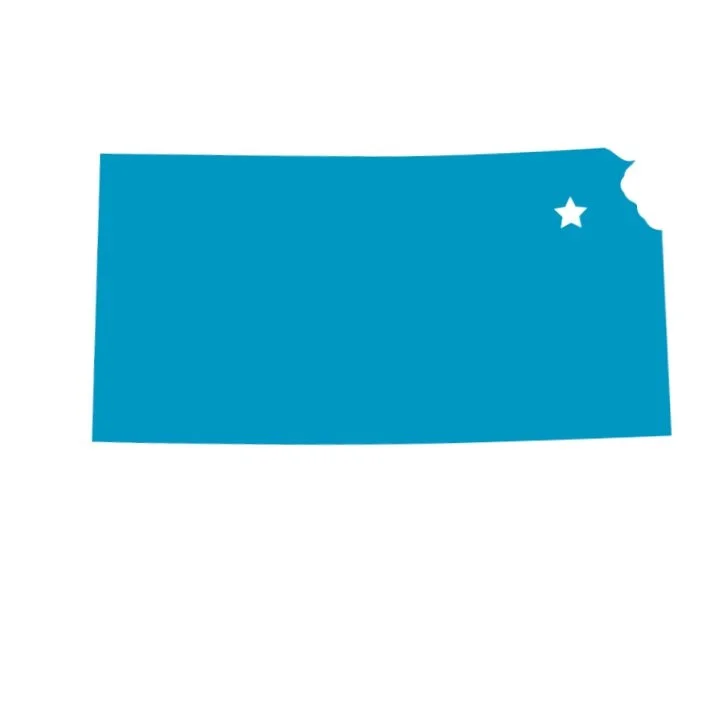 Vector illustration of Kansas state outline with a star marking a city location.